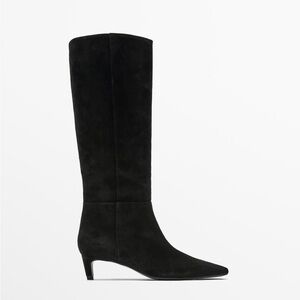 Massimo Dutti suede split natural leather Elegant Black Knee-High Boots heels